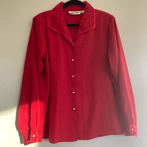 90s Vintage Red Polkadot Collar Pearl Button-Up Blouse